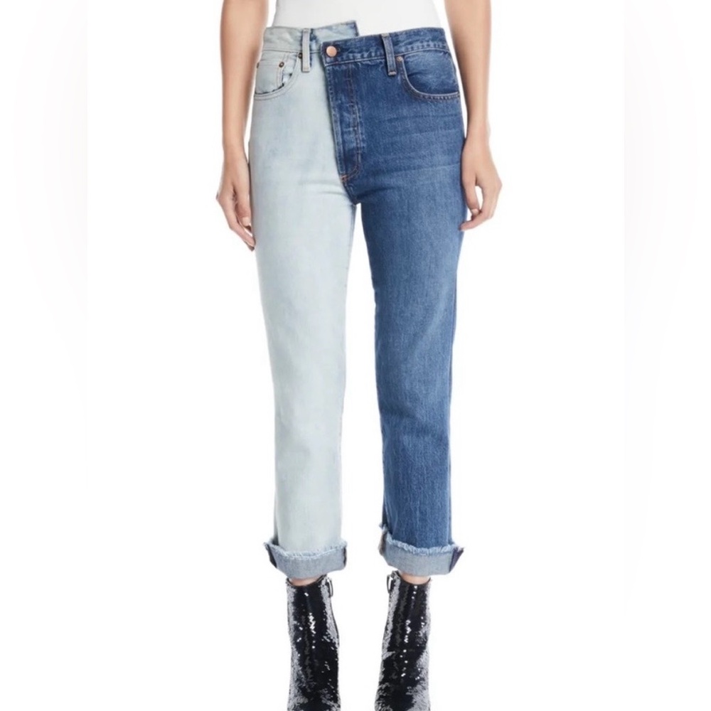 Alice + Olivia Two-Tone Light and Dark Blue Cropped Jeans